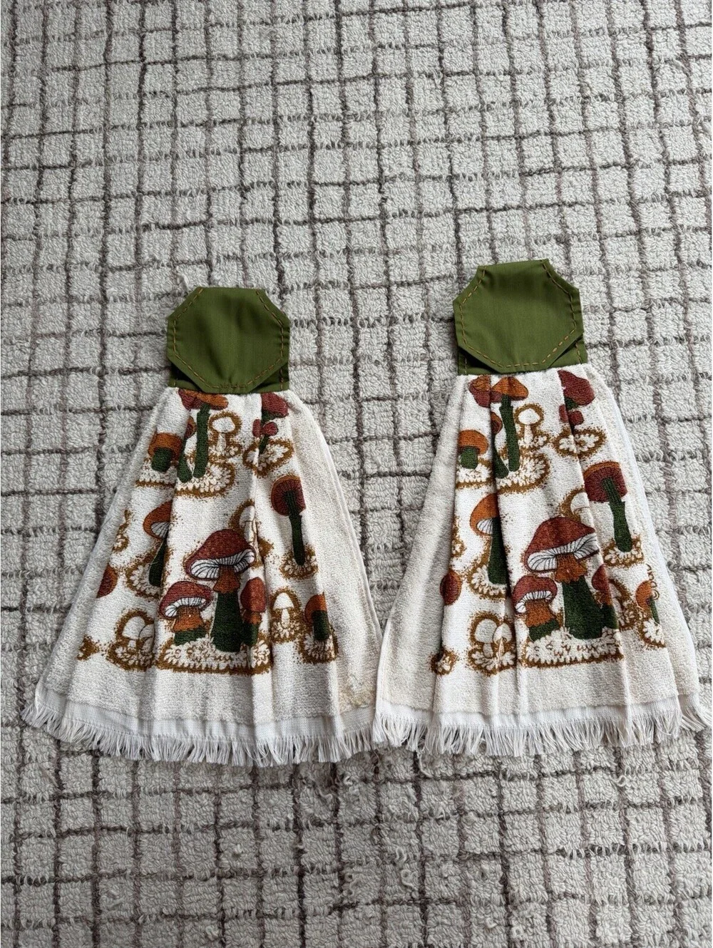 Vintage 1970 Style Mushroom Hanging Hand Towels In Green And Orange Set Of 2